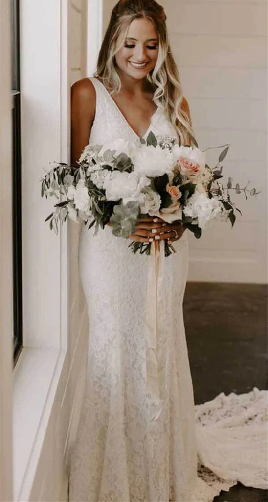 Elegant Lace Sheath V-neck Backless Wedding Dresses With Train, Bridal Gowns OK1812