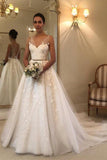 Romantic V Neck A-Line Tulle Wedding Dress With Lace Appliques Bridal Dress OK1204