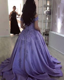 Lavender Ball Gown Off the Shoulder Lace Appliques Prom Dress OKJ66