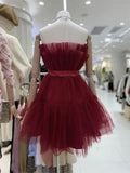 Lovely A Line Short Blue/Burgundy Tulle Prom Homecoming Dresses with Bow OK1747