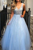 Charming Beaded Tulle A Line Ball Dress Sky Blue V-neck Junior Prom Dress OK1023