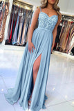 Elegant Sweetheart Spagehetti Straps Blue Lace Appliques Slit Beaded Prom Dress OKX27