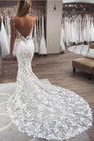 Spaghetti Straps Backless Mermaid Lace Wedding Dress With Appliques OK1112