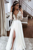 A Line V-neck Lace Appliques Long Sleeves Beach Wedding Dress with Split OK1113