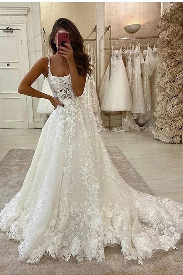 Charming A Line Scoop Neck Lace Appliqued Off White Bridal Dresses OKX25