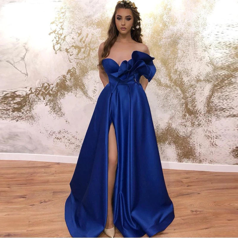 Sweetheart A-line Prom Dress Long With Pockets Royal Blue Satin Evening Dress OKW36