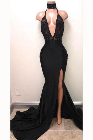 Sexy Black Straps Deep V-neck Mermaid Split Sleeveless Evening Dresses OKI37