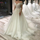 Princess Lace Appliques Ball Gown Wedding Dresses Off the Shoulder Bridal Gowns OKV19