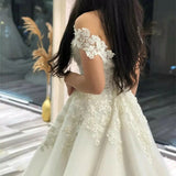 Princess Lace Appliques Ball Gown Wedding Dresses Off the Shoulder Bridal Gowns OKV19