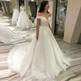 Princess Lace Appliques Ball Gown Wedding Dresses Off the Shoulder Bridal Gowns OKV19