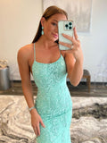 Mint Green Lace Appliques Mermaid Backless Long Prom Dress Evening Dress OK1286