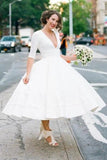 Modest Ball Gown V-neck Half Sleeves Tea Length Wedding Dress Bridal Gowns OK1136