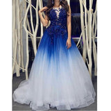 Elegant Royal Blue White Ombre Long Prom Dress with Appliques for Teens OKH18
