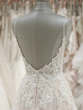 Stunning A-line Spaghetti Straps Lace Appliques Backless Wedding Dress OKU91