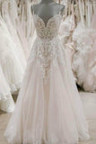 Stunning A-line Spaghetti Straps Lace Appliques Backless Wedding Dress OKU91