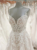 Stunning A-line Spaghetti Straps Lace Appliques Backless Wedding Dress OKU91