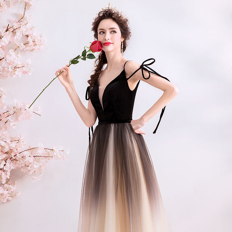 A Line Spaghetti Straps Tulle Long Prom Dresses, Charming Evening Dresses OKQ70