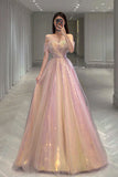 A Line Tulle Sequin Long Prom Dress, Off Shoulder Formal Graduation Dress OK2023