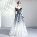Ombre A Line Half Sleeves Tulle Round Neck Prom Dress OKQ75