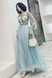 A Line Long Sleeves Round Neck Tulle Floral Appliques Prom Dress OKQ83