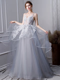 Gray A Line Long Spaghetti Straps Prom Dress With Lace OKK58