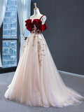 Vintage Red Top Straps Tulle Formal Dress A Line Long Appliques Prom Dress OK1110