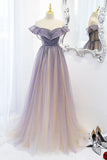 Light Purple A Line Sparkle Bling Bling Scoop Short Sleeves Tulle Prom Dress OK1379