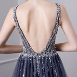 A Line V Neck Tulle Navy Blue Long Prom Dress With Beading OKL29