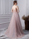 Pink A Line Spaghetti Straps Tulle Beaded Prom Dress With Appliques OKL25