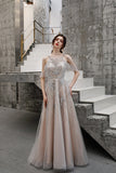 A-line Beaded Long Tulle Lace Up Back Prom Dress OKT25