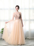 A Line Bateau Tulle Long Prom Dress With Beads OKL27
