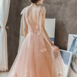 Charming A Line Long Tulle Prom Dress With Flowers OKK59