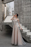 A-line Beaded Long Tulle Lace Up Back Prom Dress OKT25