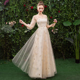 Stunning A Line 3/4 Sleeves Tulle Round Neck Prom Dress Evening Dress OKQ76