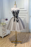 A Line Sweetheart Tulle Black Short Homecoming Dresses With Flowers OKN46