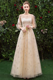 Stunning A Line 3/4 Sleeves Tulle Round Neck Prom Dress Evening Dress OKQ76