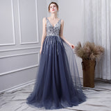 A Line V Neck Tulle Navy Blue Long Prom Dress With Beading OKL29