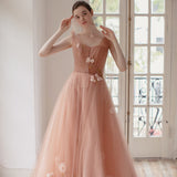 Charming A Line Long Tulle Prom Dress With Flowers OKK59