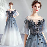 Ombre A Line Half Sleeves Tulle Round Neck Prom Dress OKQ75