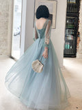 A Line Long Sleeves Round Neck Tulle Floral Appliques Prom Dress OKQ83