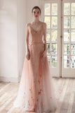 Ombre A Line Long Tulle Spaghetti Straps Prom Dress With Beads OKK60