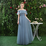 A Line CHiffon Blue Off the Shoulder Prom Dress Long Ruffles Bridesmaid Dress OKQ79