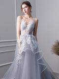 Gray A Line Long Spaghetti Straps Prom Dress With Lace OKK58