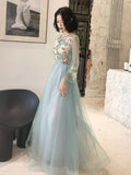 A Line Long Sleeves Round Neck Tulle Floral Appliques Prom Dress OKQ83