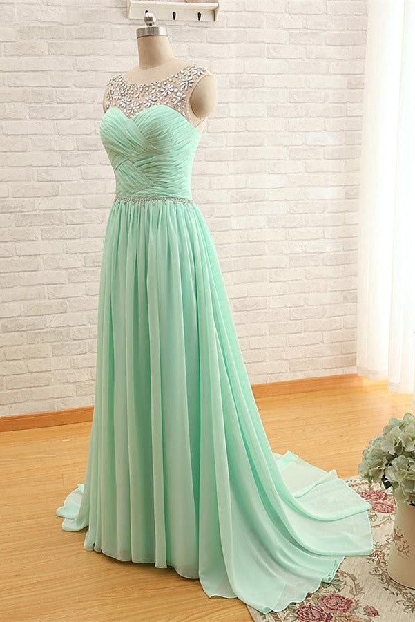 Mint Beaded Charming Backless Cheap Long Chiffon Prom Dress OK24