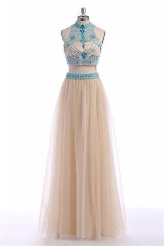 Two Pieces Halter Backless Beautiful Long Prom Dress K40
