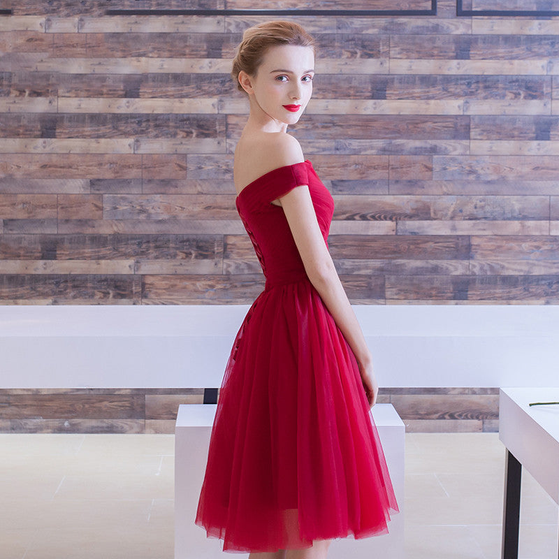 Simple Off the Shoulder Tulle Homecoming Dress,Short Red Cocktail Party Dress OK311
