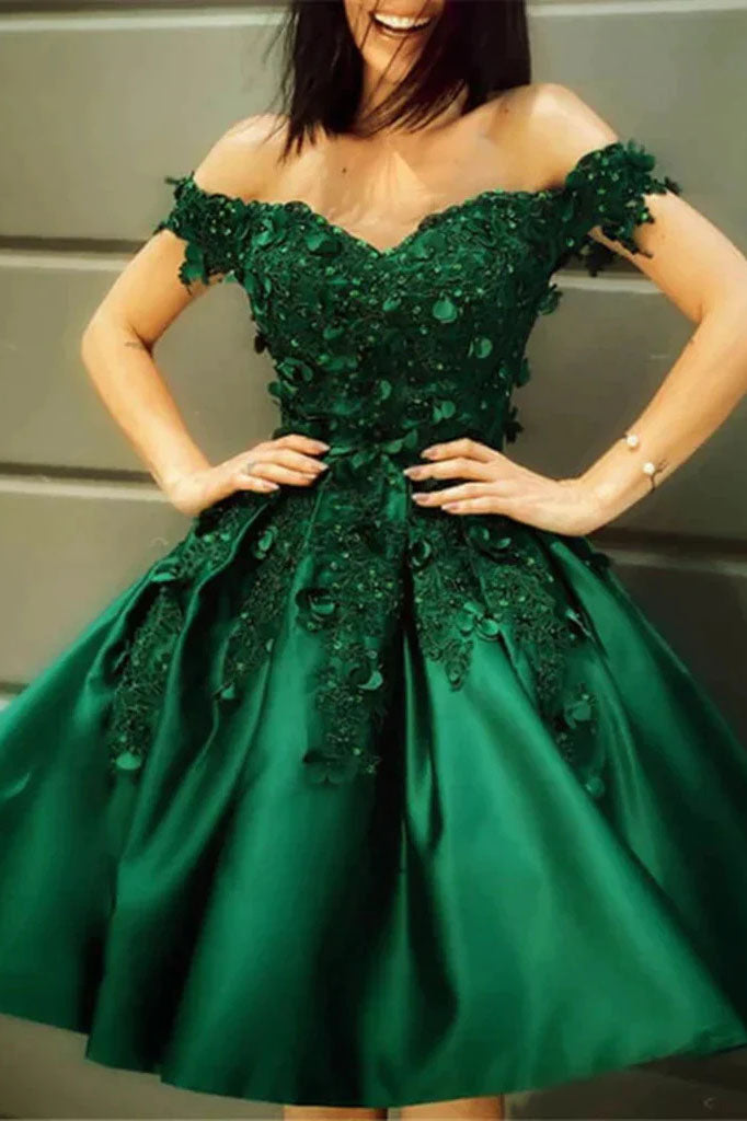 Off the Shoulder Beaded Green Lace Appliques Satin Short Homecoming Dresses OK1710