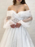 Off the Shoulder Long Sleeves White A Line Tulle Floral Wedding Dresses OK1922