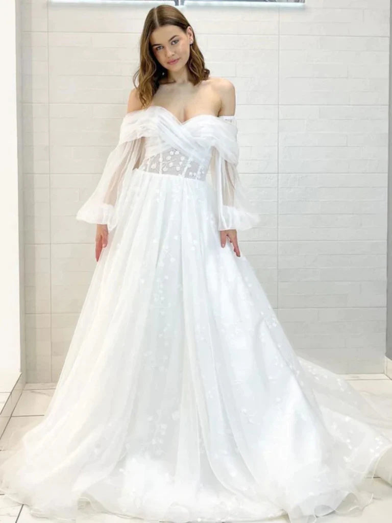 Off the Shoulder Long Sleeves White A Line Tulle Floral Wedding Dresses OK1922